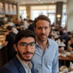 Candid iPhone selfie of a young man with glasses and Ryan Reynolds in a busy cafe setting