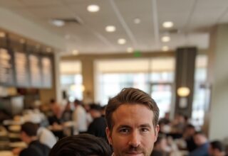 Candid iPhone selfie of a young man with glasses and Ryan Reynolds in a busy cafe setting