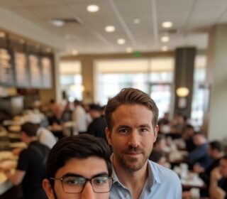 Candid iPhone selfie of a young man with glasses and Ryan Reynolds in a busy cafe setting