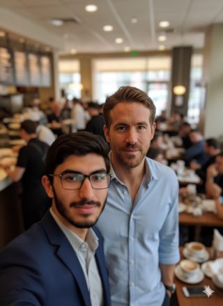Candid iPhone selfie of a young man with glasses and Ryan Reynolds in a busy cafe setting