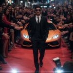 Hyper-realistic cinematic shot of a man in a sharp black tailored suit and sunglasses, walking confidently on a red carpet past a crowd of fans and journalists. A luxury orange Lamborghini is parked behind him.