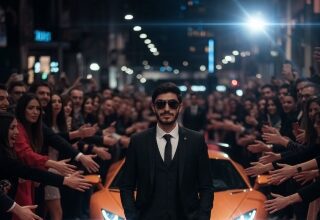 Hyper-realistic cinematic shot of a man in a sharp black tailored suit and sunglasses, walking confidently on a red carpet past a crowd of fans and journalists. A luxury orange Lamborghini is parked behind him.