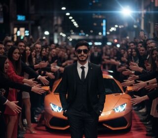 Hyper-realistic cinematic shot of a man in a sharp black tailored suit and sunglasses, walking confidently on a red carpet past a crowd of fans and journalists. A luxury orange Lamborghini is parked behind him.