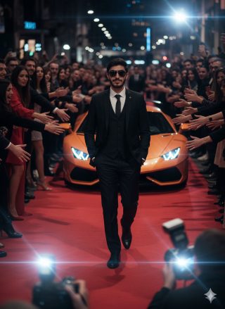 Hyper-realistic cinematic shot of a man in a sharp black tailored suit and sunglasses, walking confidently on a red carpet past a crowd of fans and journalists. A luxury orange Lamborghini is parked behind him.