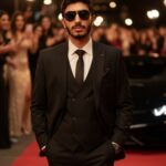 A hyper-realistic, cinematic close-up of a stylish man in a sharp black tailored suit and sleek black sunglasses, walking confidently on a red carpet. The background is dramatically blurred, showing excited fans, photographers' flashes, and a partially visible Lamborghini, exuding high-status celebrity.