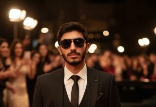 A hyper-realistic, cinematic close-up of a stylish man in a sharp black tailored suit and sleek black sunglasses, walking confidently on a red carpet. The background is dramatically blurred, showing excited fans, photographers' flashes, and a partially visible Lamborghini, exuding high-status celebrity.
