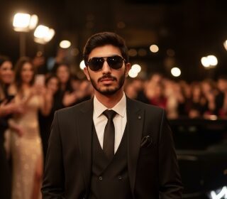 A hyper-realistic, cinematic close-up of a stylish man in a sharp black tailored suit and sleek black sunglasses, walking confidently on a red carpet. The background is dramatically blurred, showing excited fans, photographers' flashes, and a partially visible Lamborghini, exuding high-status celebrity.