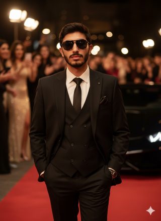 A hyper-realistic, cinematic close-up of a stylish man in a sharp black tailored suit and sleek black sunglasses, walking confidently on a red carpet. The background is dramatically blurred, showing excited fans, photographers' flashes, and a partially visible Lamborghini, exuding high-status celebrity.
