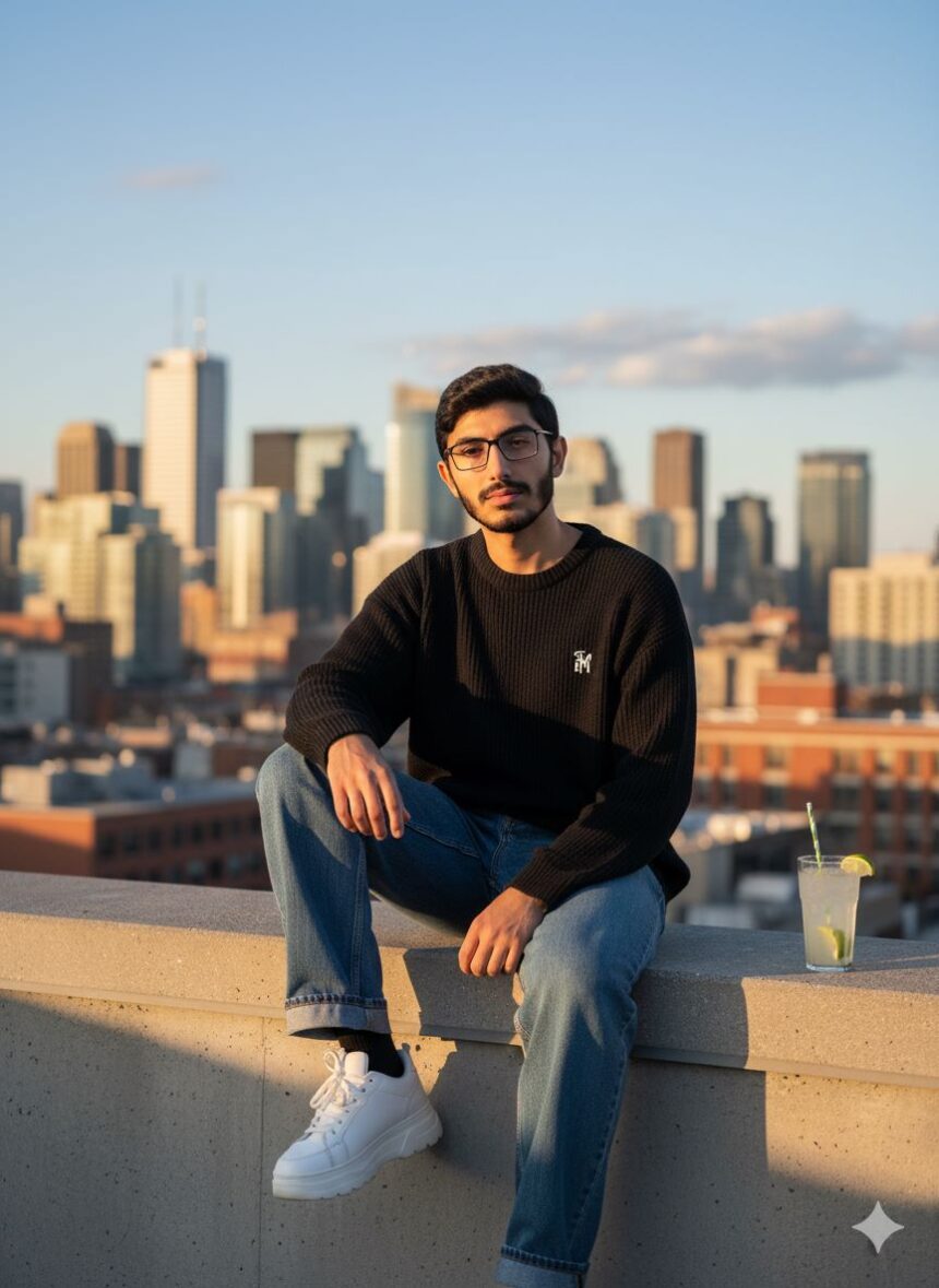 A stylish young man with glasses and a beard sits confidently on a concrete rooftop ledge overlooking a vibrant city skyline at sunset. He is wearing an oversized black knit sweater, wide-leg stonewashed jeans, and chunky white sneakers. A glass of a lime beverage with a straw rests on the ledge next to him.