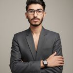 Ultra-realistic, 8K editorial studio portrait of a young man with dark, slicked-back hair, wearing a structured dark gray blazer and a minimalist black watch. His arms are crossed, conveying confidence.