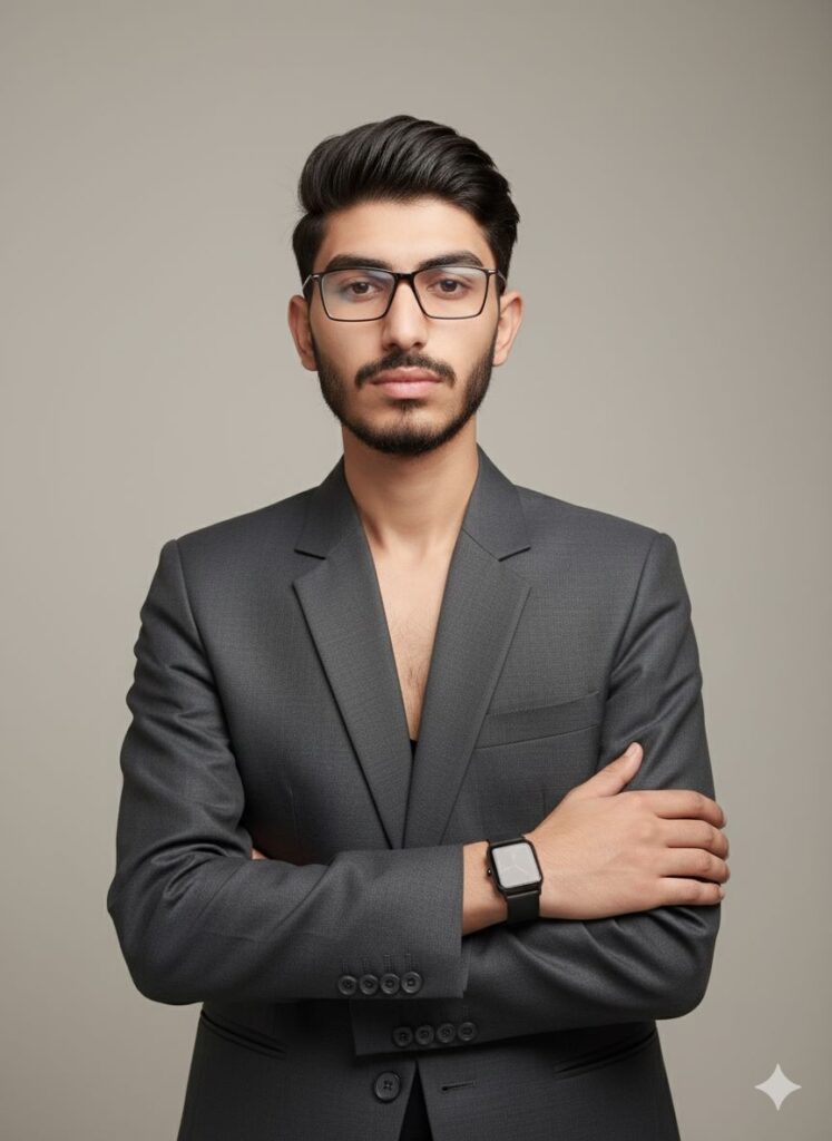 Ultra-realistic, 8K editorial studio portrait of a young man with dark, slicked-back hair, wearing a structured dark gray blazer and a minimalist black watch. His arms are crossed, conveying confidence.