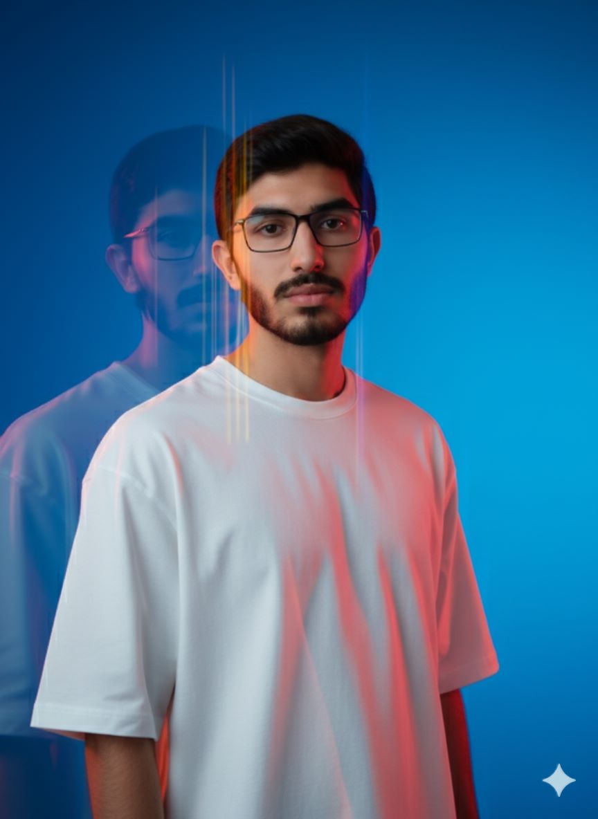Half-length portrait of a person in an oversized white t-shirt, featuring a dreamlike editorial style with multi-exposure motion blur, vertical streaks, and a deep azure to cyan gradient background. Dramatic lighting uses a cool blue wash with orange/yellow edge glow.