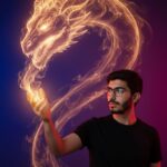 Portrait of a man in a black t-shirt summoning a glowing, serpentine dragon or mythical creature made of fire and smoke from his open hand. The luminous creature dominates the upper left, balancing the man in the lower right against a dark blue and purple gradient background.