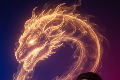 Portrait of a man in a black t-shirt summoning a glowing, serpentine dragon or mythical creature made of fire and smoke from his open hand. The luminous creature dominates the upper left, balancing the man in the lower right against a dark blue and purple gradient background.
