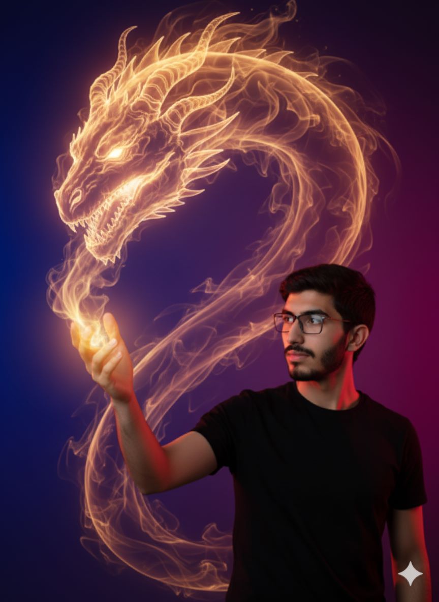 Portrait of a man in a black t-shirt summoning a glowing, serpentine dragon or mythical creature made of fire and smoke from his open hand. The luminous creature dominates the upper left, balancing the man in the lower right against a dark blue and purple gradient background.