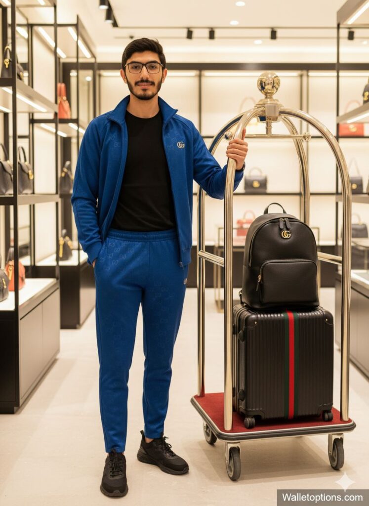  4K ultra-realistic DSLR photo of a handsome Asian man in a royal blue Gucci monogram jacket and pants, black T-shirt, and sneakers, standing next to a luggage cart with a black Gucci backpack and a trolley in a high-end luxury boutique with designer bags displayed.