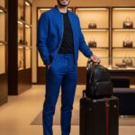 4K ultra-realistic DSLR photo of a handsome Asian man in a royal blue Gucci monogram jacket and pants, black T-shirt, and sneakers, standing next to a luggage cart with a black Gucci backpack and a trolley in a high-end luxury boutique with designer bags displayed.