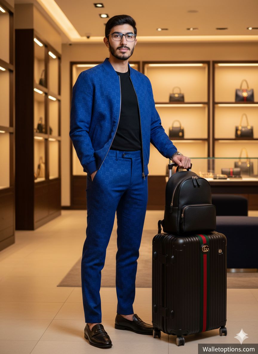 4K ultra-realistic DSLR photo of a handsome Asian man in a royal blue Gucci monogram jacket and pants, black T-shirt, and sneakers, standing next to a luggage cart with a black Gucci backpack and a trolley in a high-end luxury boutique with designer bags displayed.