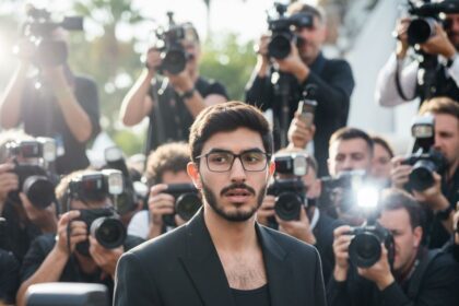 A man with dark hair and glasses, wearing an oversized black blazer over a black tank top, walks through a crowd of paparazzi. Multiple camera flashes are visible, creating a dramatic, celebrity-like atmosphere with daylight shining from the side.