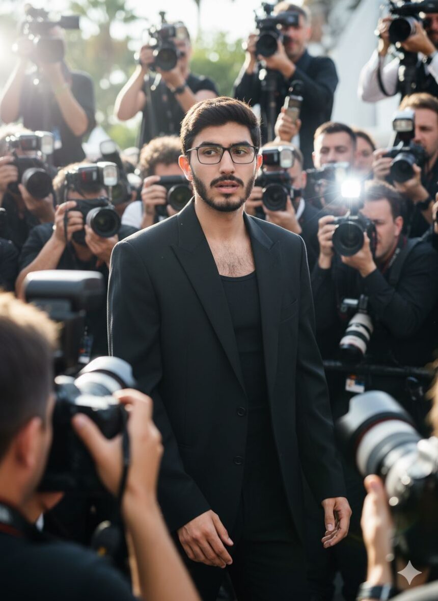 A man with dark hair and glasses, wearing an oversized black blazer over a black tank top, walks through a crowd of paparazzi. Multiple camera flashes are visible, creating a dramatic, celebrity-like atmosphere with daylight shining from the side.