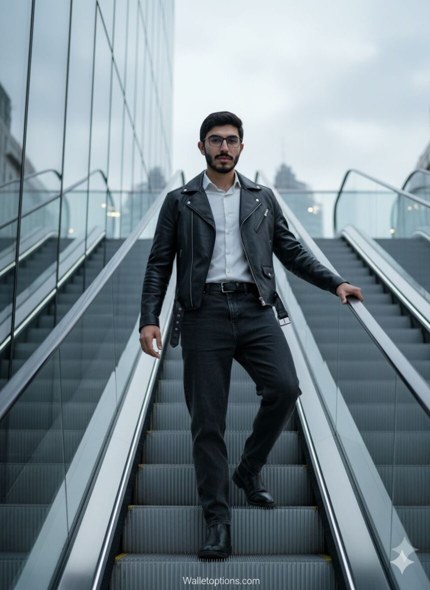 Full-body, cinematic photo of a stylish man in a black biker jacket, white shirt, and dark jeans walking up an outdoor glass-and-metal escalator with a dynamic pose.