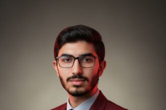 Ultra-realistic, high-definition editorial portrait of a young man with dark, slicked-back hair and a subtle beard, wearing a tailored, deep burgundy suit jacket with a lapel pin. Focus is sharp on the face, skin, and fabric texture.