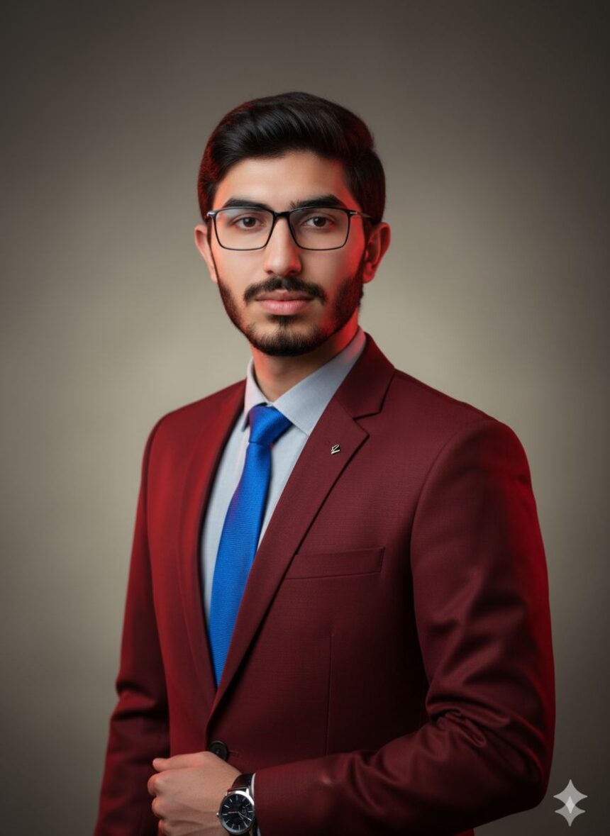 Ultra-realistic, high-definition editorial portrait of a young man with dark, slicked-back hair and a subtle beard, wearing a tailored, deep burgundy suit jacket with a lapel pin. Focus is sharp on the face, skin, and fabric texture.