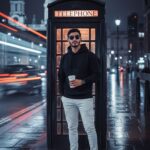 Young man in black hoodie, white cargo pants, and aviator sunglasses holding a Starbucks cup, standing in front of a glowing vintage telephone booth on a wet London street at night with St. Paul's Cathedral and car light trails in the background.