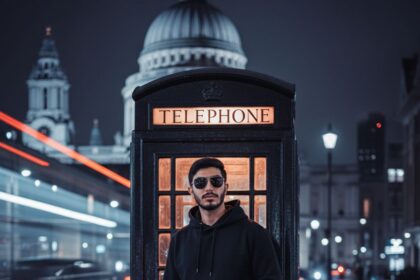 Young man in black hoodie, white cargo pants, and aviator sunglasses holding a Starbucks cup, standing in front of a glowing vintage telephone booth on a wet London street at night with St. Paul's Cathedral and car light trails in the background.