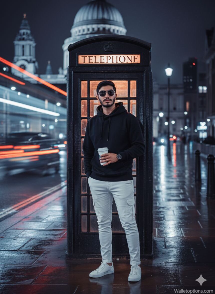 Young man in black hoodie, white cargo pants, and aviator sunglasses holding a Starbucks cup, standing in front of a glowing vintage telephone booth on a wet London street at night with St. Paul's Cathedral and car light trails in the background.