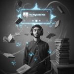 Surreal black and white portrait of a young man with headphones, eyes closed, surrounded by glowing, floating books and papers, with a Spotify graphic for "The Night We Met" by Lord Huron visible.