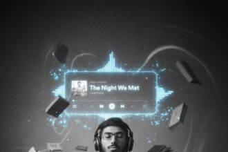 Surreal black and white portrait of a young man with headphones, eyes closed, surrounded by glowing, floating books and papers, with a Spotify graphic for "The Night We Met" by Lord Huron visible.