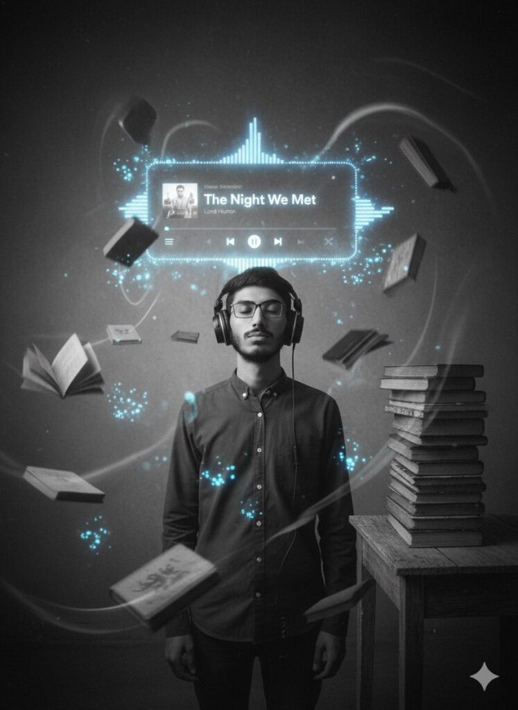 Surreal black and white portrait of a young man with headphones, eyes closed, surrounded by glowing, floating books and papers, with a Spotify graphic for "The Night We Met" by Lord Huron visible.