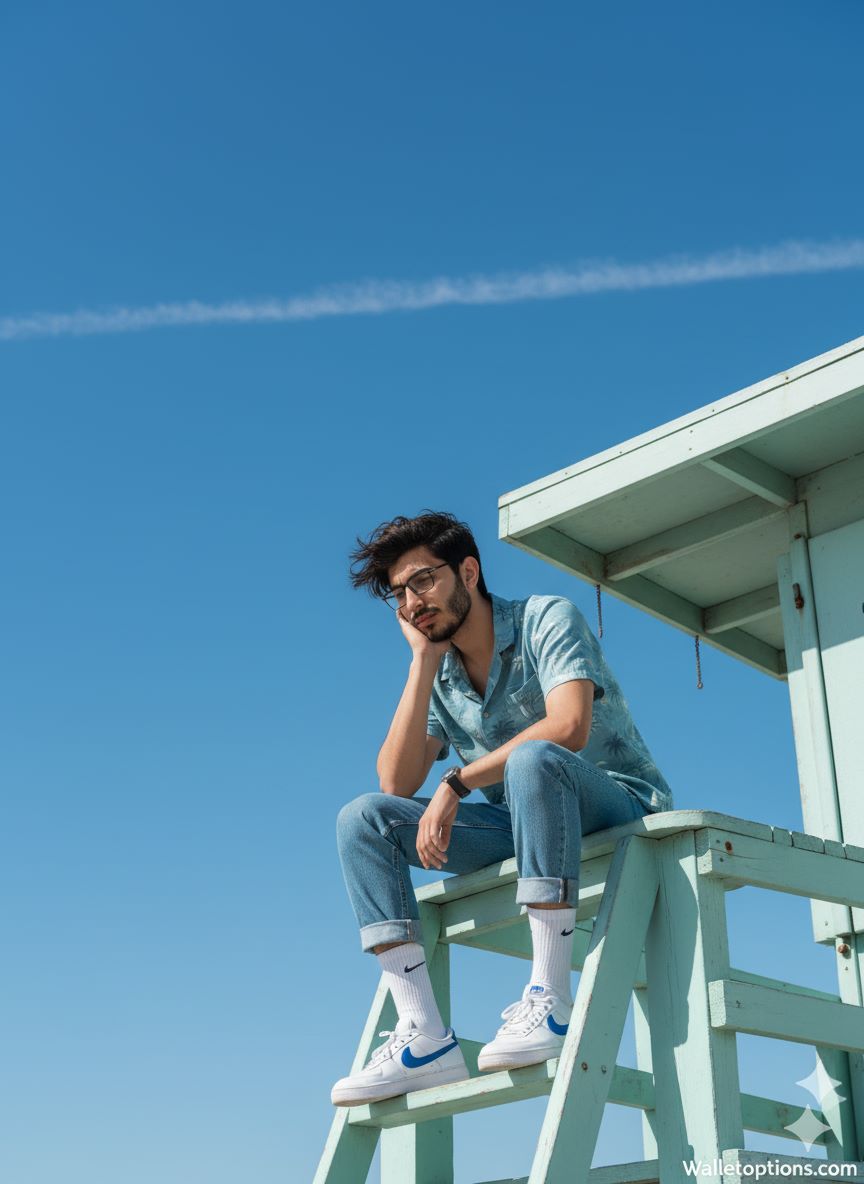 Low-angle vertical portrait of a young man with dark messy hair and glasses, seated pensively on a mint green lifeguard stand against a bright blue sky. He wears a soft blue Hawaiian shirt, cuffed jeans, and white sneakers, conveying retro summer nostalgia.