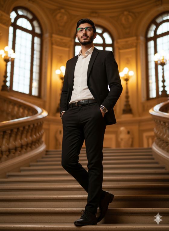Confident, full-body portrait of a man wearing a black suit on a grand, sweeping stone staircase in a formal, well-lit setting.