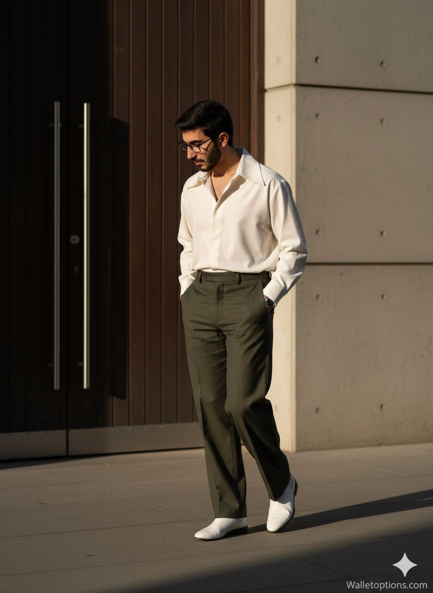 Full-body, high-fashion editorial photo of a tall man walking in an urban setting. He wears a creamy white oversized shirt with a wide collar, tucked into high-waisted olive green wide-leg trousers, and white dress boots. The lighting is dramatic, high-contrast late afternoon sun.