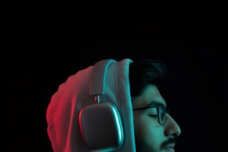 Side profile portrait of person in hood with Apple silver over-ear headphones, lit by cyan neon key light and red rim light.