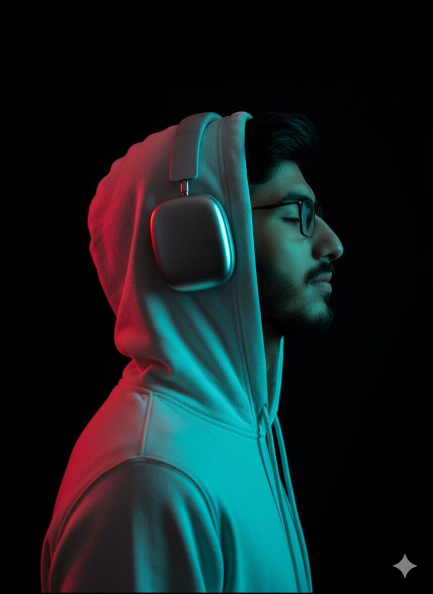 Side profile portrait of person in hood with Apple silver over-ear headphones, lit by cyan neon key light and red rim light.