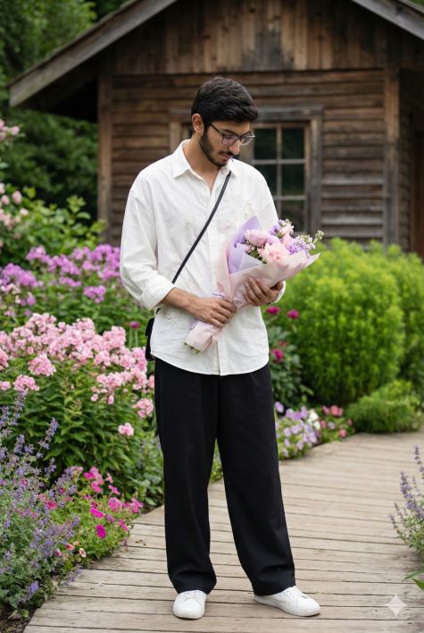 Young man wearing white shirt and black pants holding pink flower bouquet while standing on wooden path in blooming cottage garden