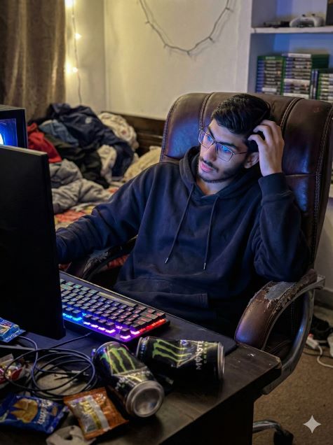 Young man in black hoodie gaming late at night with RGB keyboard, dual monitor setup, and energy drinks on desk